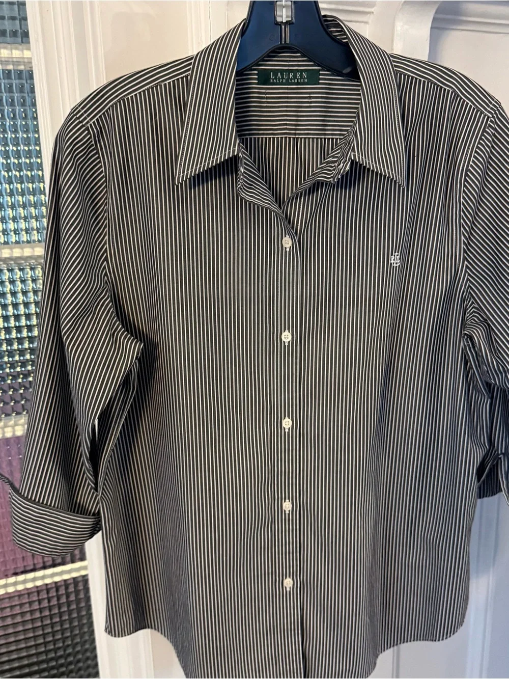 Lauren Ralph Lauren Women’s Button Down Shirt Black White Stripe Sz L